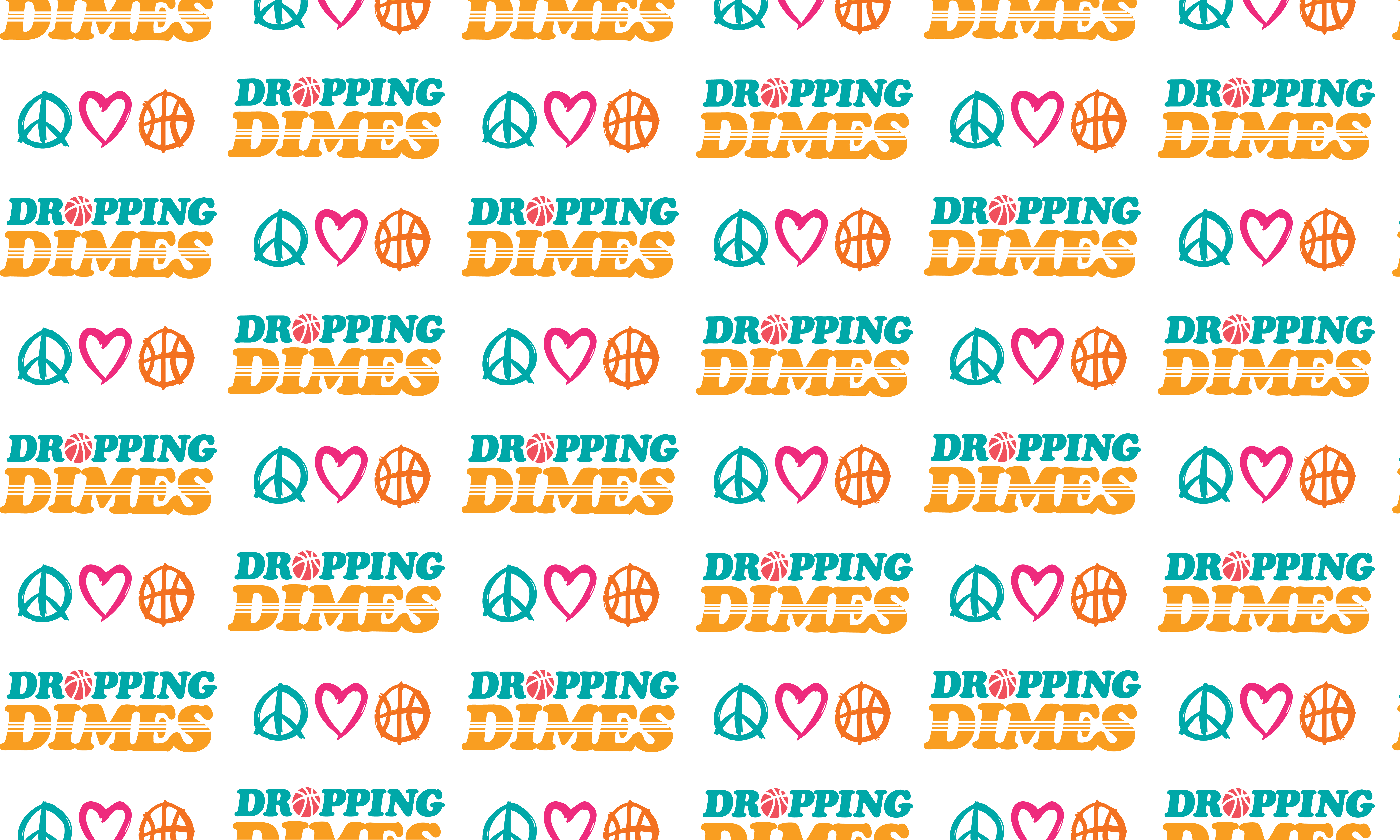Website wallpaper - the phrase Dropping Dimes repeated in a pattern with the symbols for love, peace, and basketball
